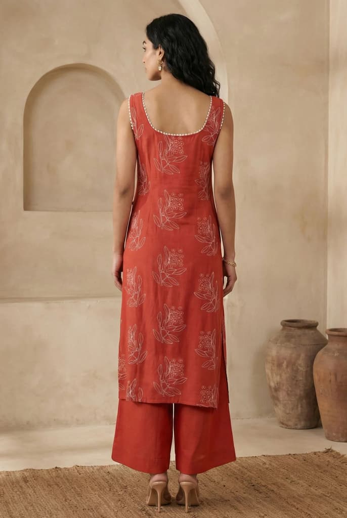 Rust Floral Printed Rayon Blend Straight Kurta with Flared Pants Co-ord Set — photo 5
