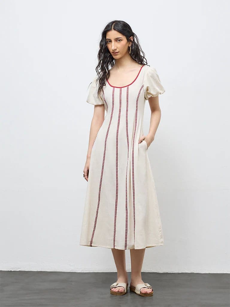 Bombay Paisley Off-White Striped Cotton-Blend A-Line Dress — photo 2
