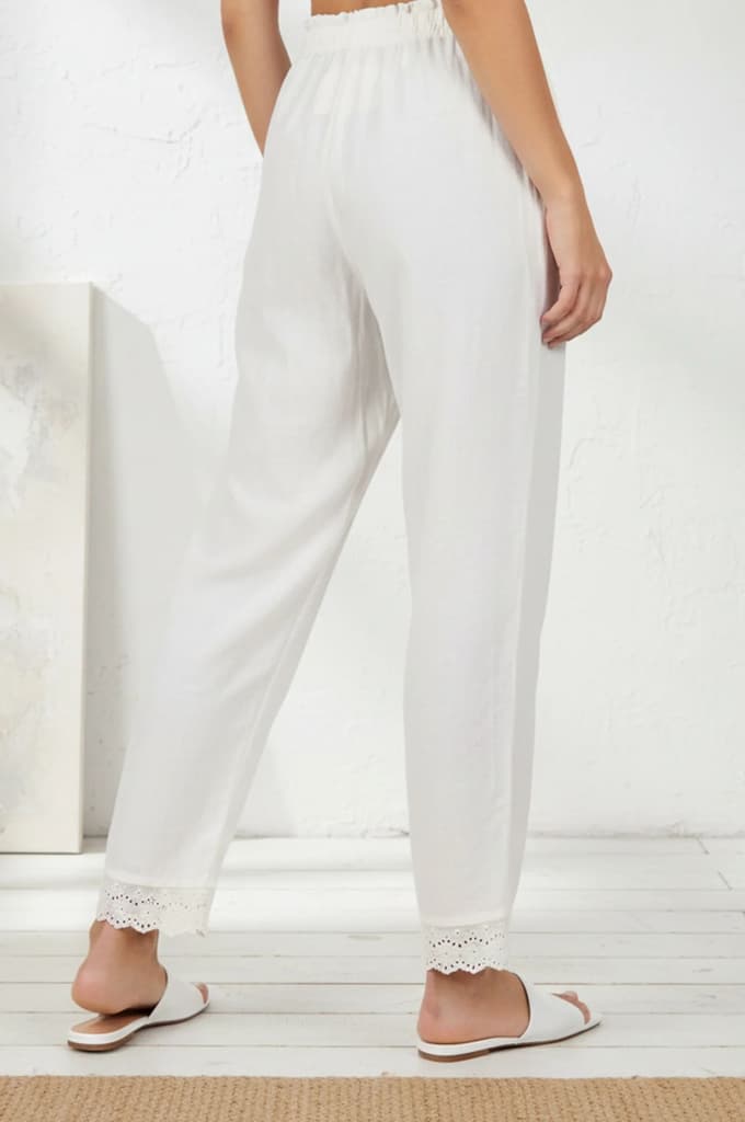 Off-White Solid Lace Pure Cotton Ankle Length Straight Pants — photo 5