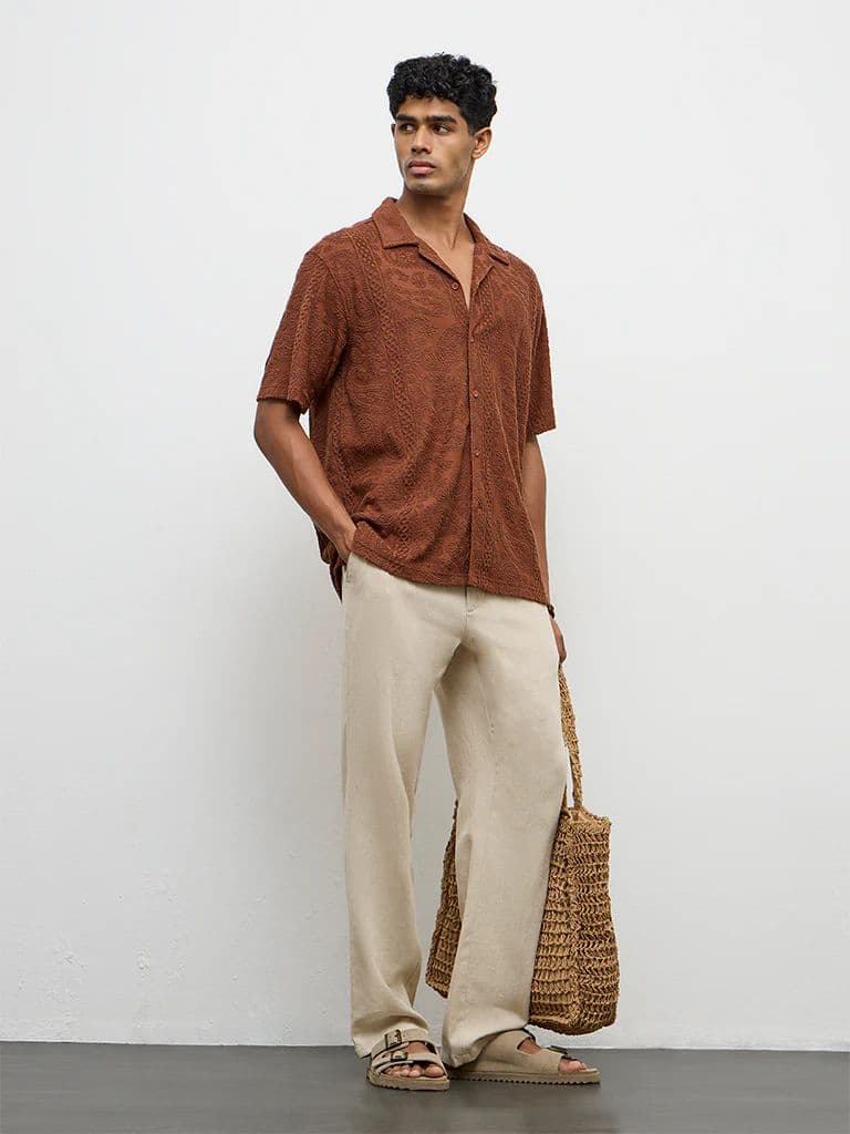 ETA Brown Paisley-Textured Relaxed-Fit Cotton-Blend Shirt — photo 2