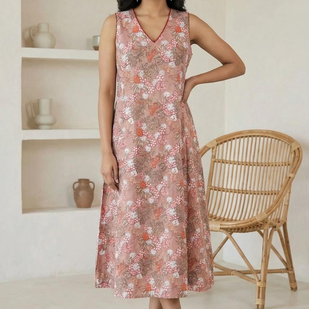 Peach Block Printed Pure Cotton A-line Dress