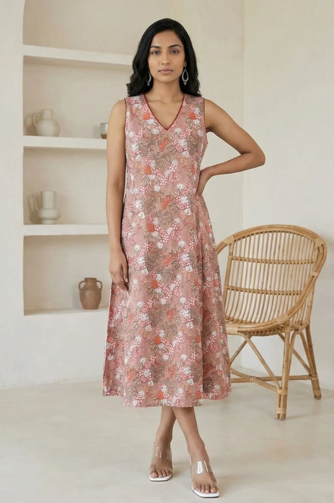 Peach Block Printed Pure Cotton A-line Dress — XS