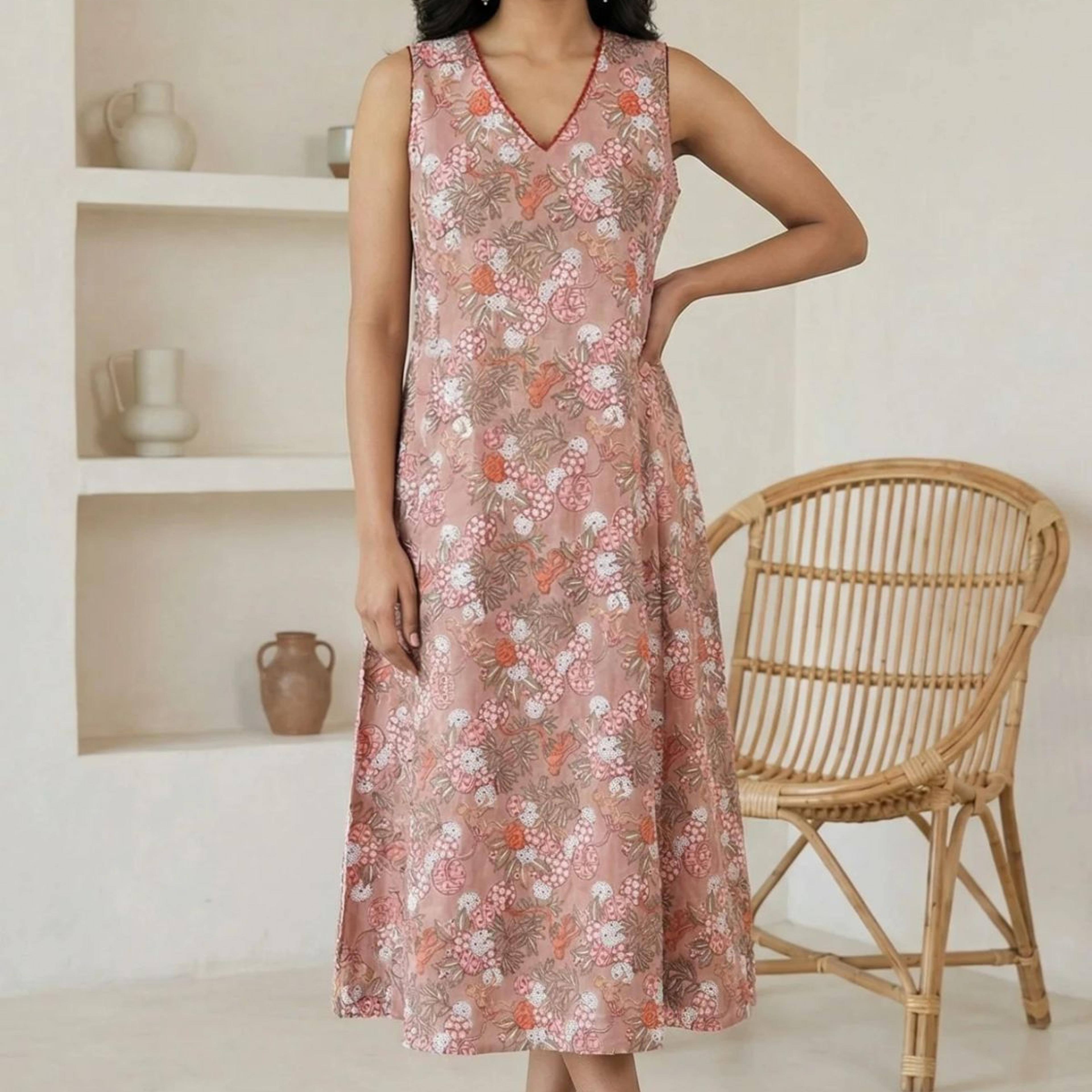 Peach Block Printed Pure Cotton A-line Dress