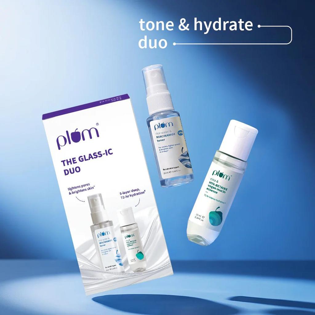 The Glass-ic Duo | Rice Water & 3% Niacinamide Face Toner | Cica & Hya-Betaine Vegan Mucin Face Essence| Travel-size