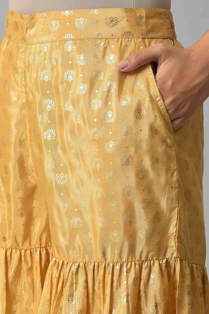 Gold Floral Printed Flared Silk Palazzo With Elasticated Waist — photo 7