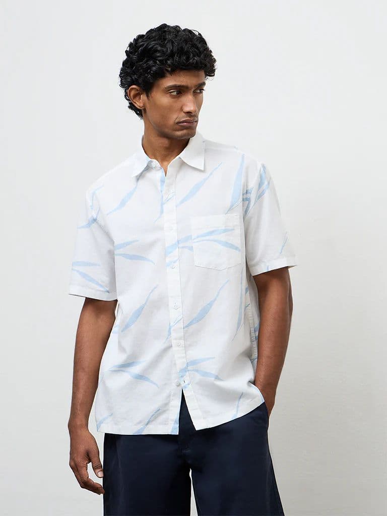 WES Casuals Light Blue Printed Relaxed-Fit Cotton-Blend Shirt