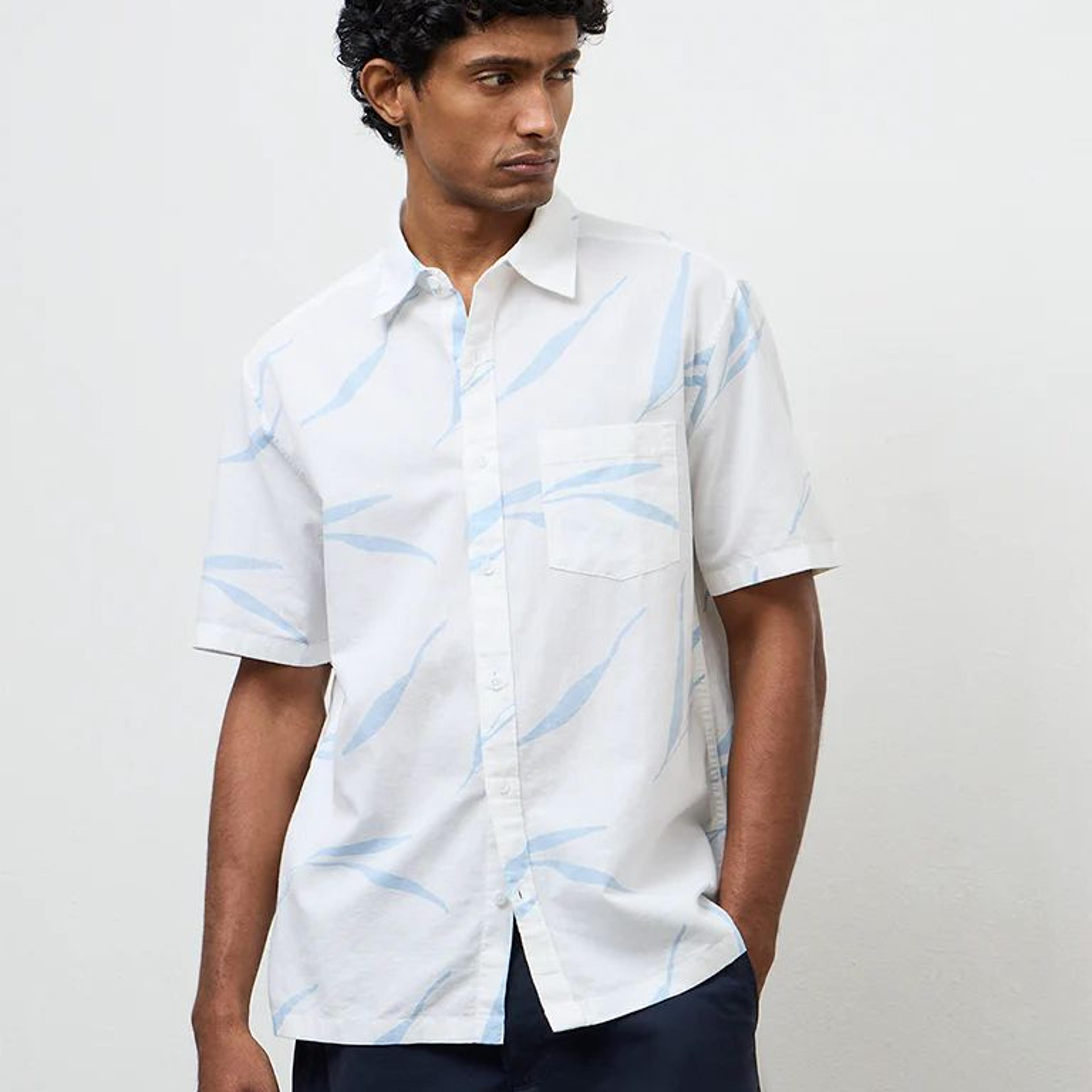 WES Casuals Light Blue Printed Relaxed-Fit Cotton-Blend Shirt