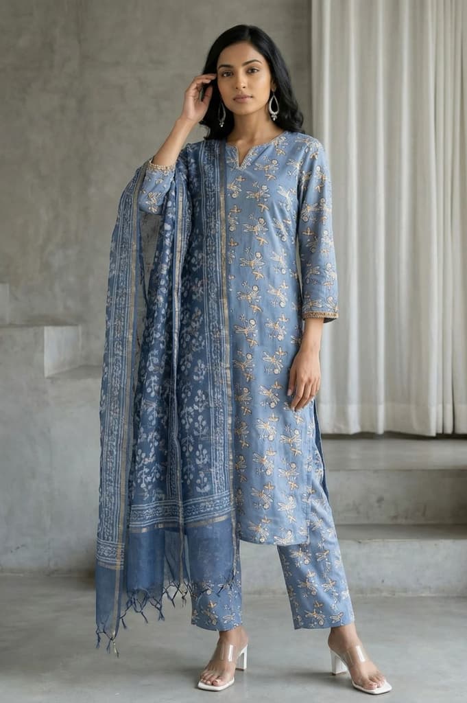 Indigo Blue Block Printed Cotton Silk Kota Dupatta with Zari Border — photo 2