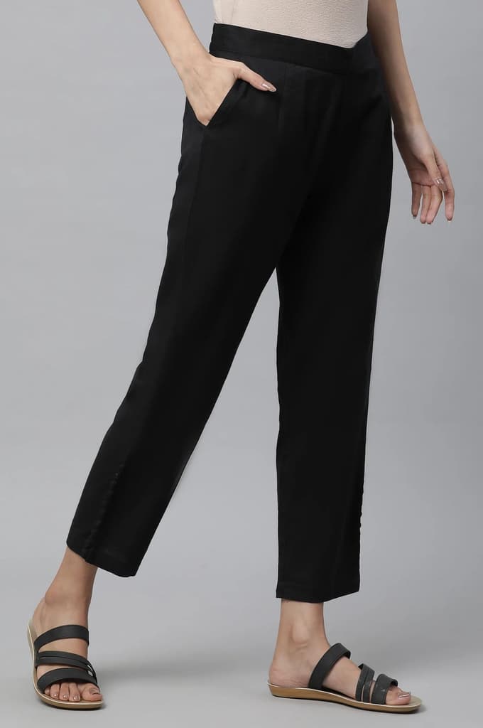 Black Solid Straight Fit Cotton Pants With Button Detail — photo 4