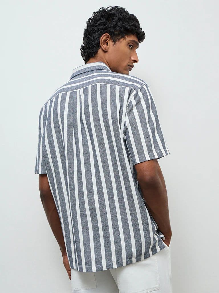 WES Casuals Navy Striped Relaxed Fit Cotton Shirt — photo 4