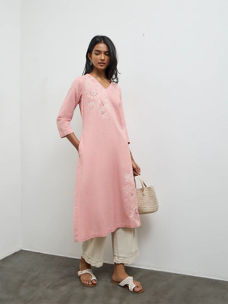 Utsa Pink Floral Embroidered Cotton-Blend A-Line Kurta — photo 2