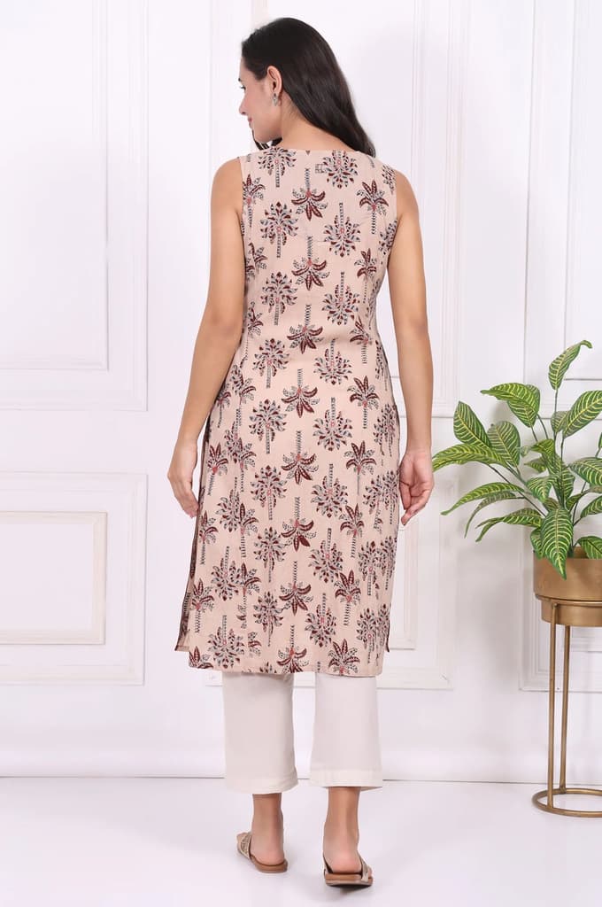 Beige Floral Printed Pure Cotton Straight A-line Kurta — photo 5