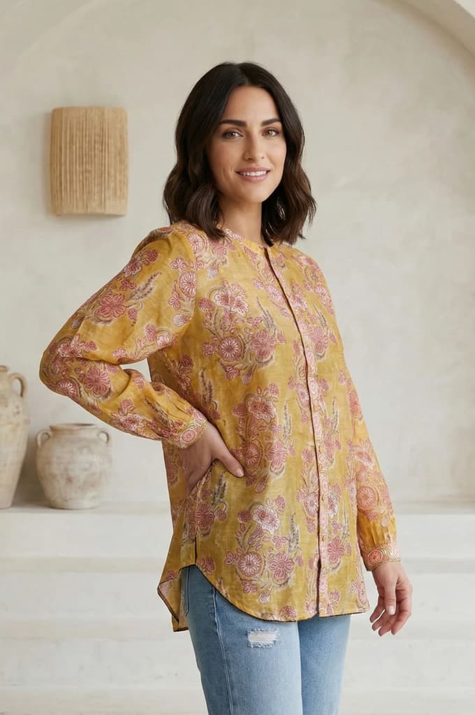 Yellow Floral Printed Cotton Blend Straight Top — photo 5