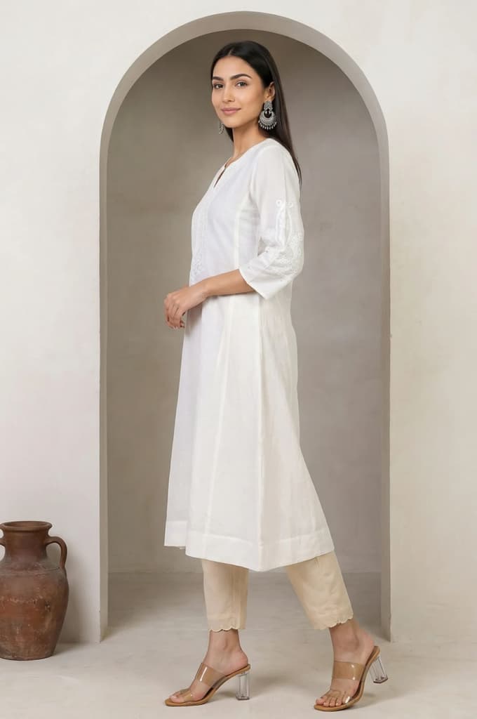 White Thread Embroidered Cotton Blend Straight Kurta — photo 4