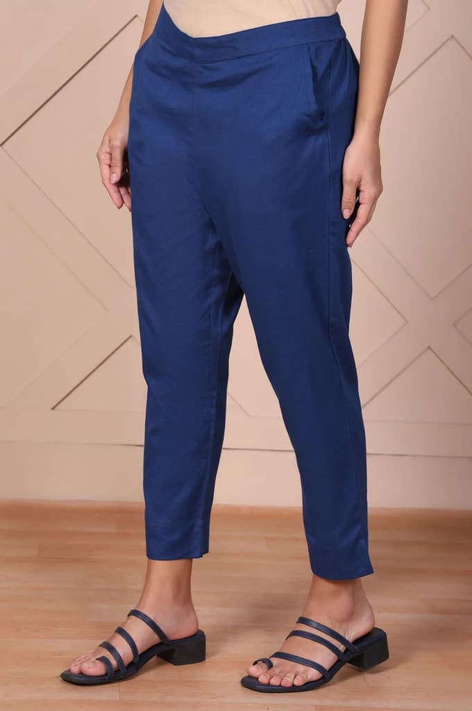 Elleven Women's Blue Solid Cotton Flax Mid Rise Ankle Length Slim Fit Trouser — photo 2