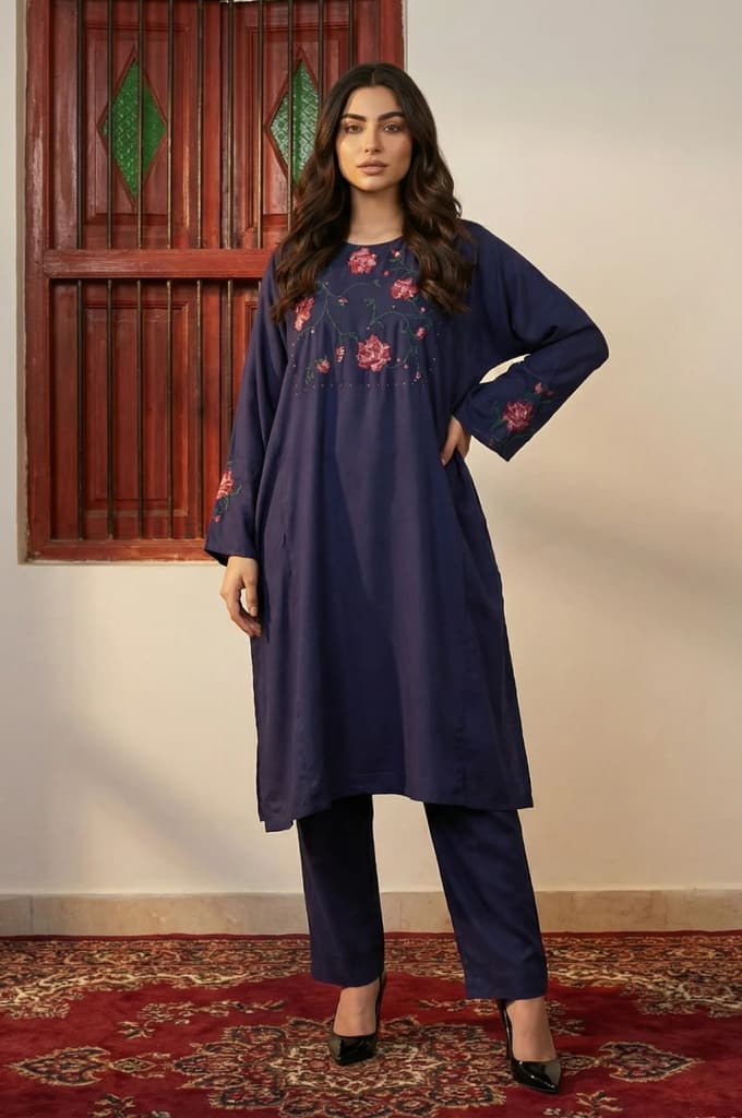 Navy Blue Thread Embroidered Straight Kurta with Pants Co-ord Set — XS