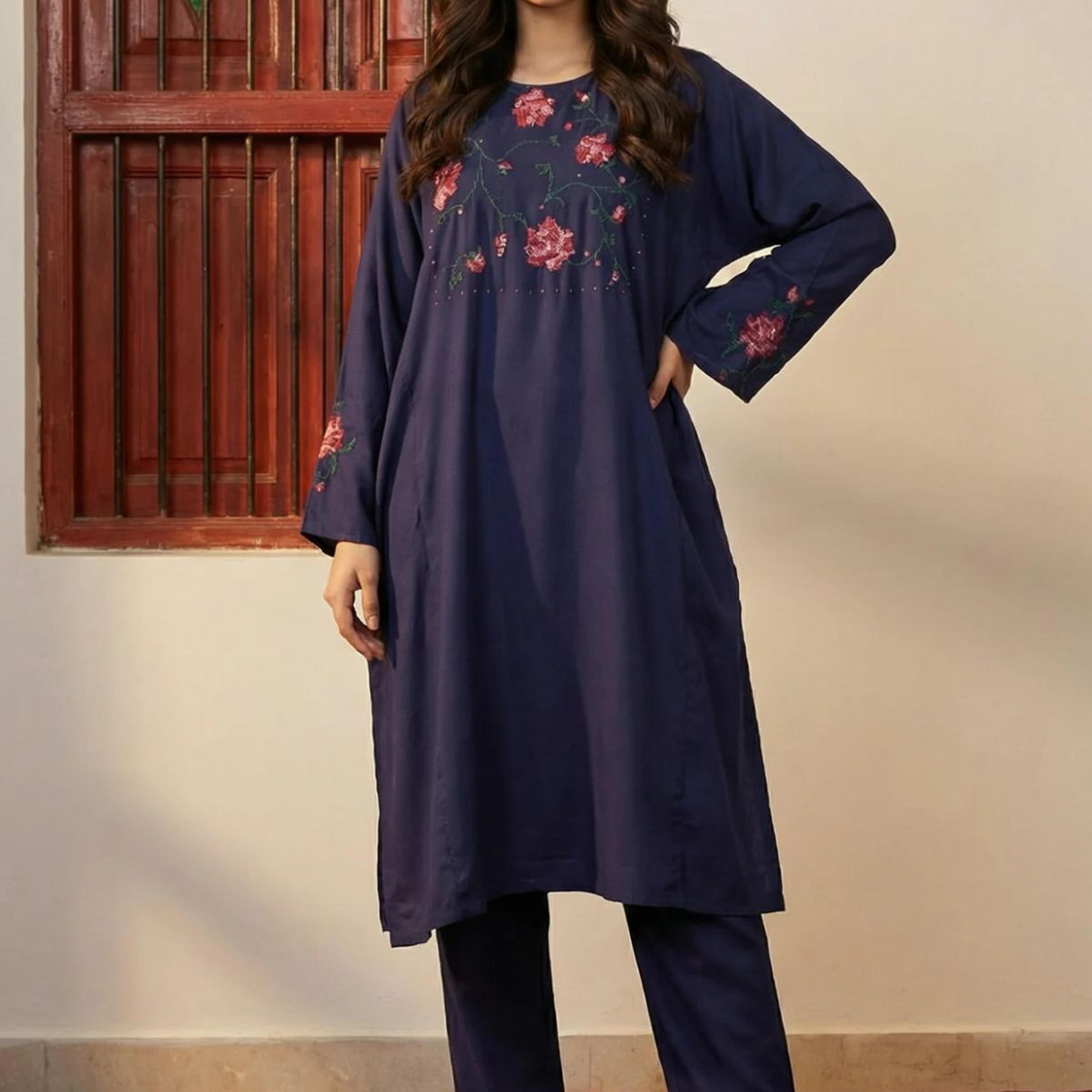Navy Blue Thread Embroidered Straight Kurta with Pants Co-ord Set