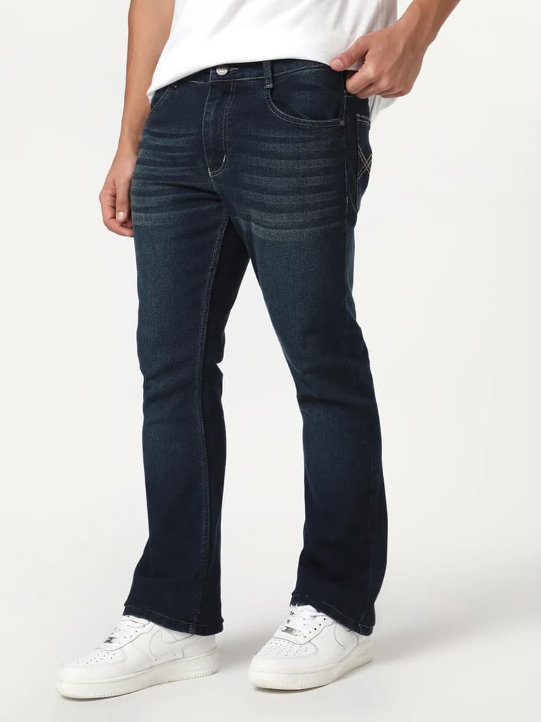 Men's Dark Blue Bootcut Fit Mid Rise Heavy Washed Jeans Stretchable — photo 2