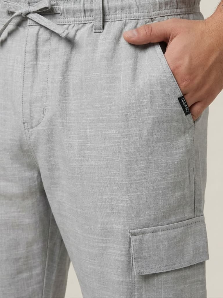 Plus Men's Light Grey Straight Fit Linen Cargo Pants with 6 Pockets — photo 6