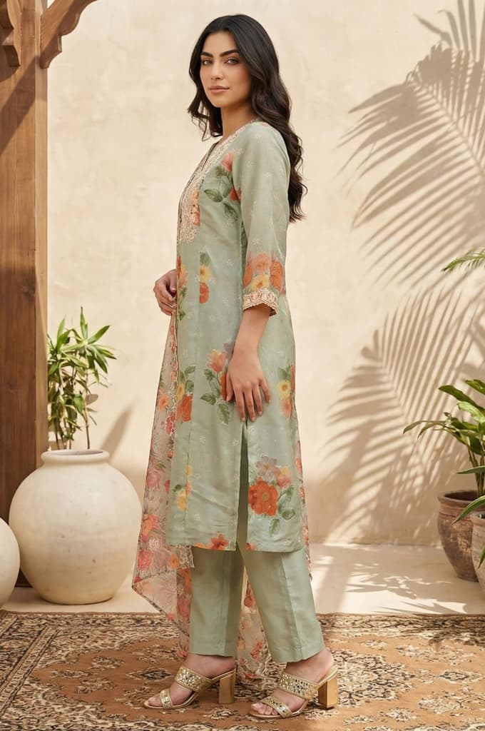 Green Floral Embroidered Straight Kurta with Pants and Dupatta Set — photo 3