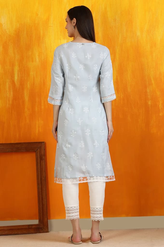Powder Blue Embroidered Dull Shantung Straight Kurta — photo 6