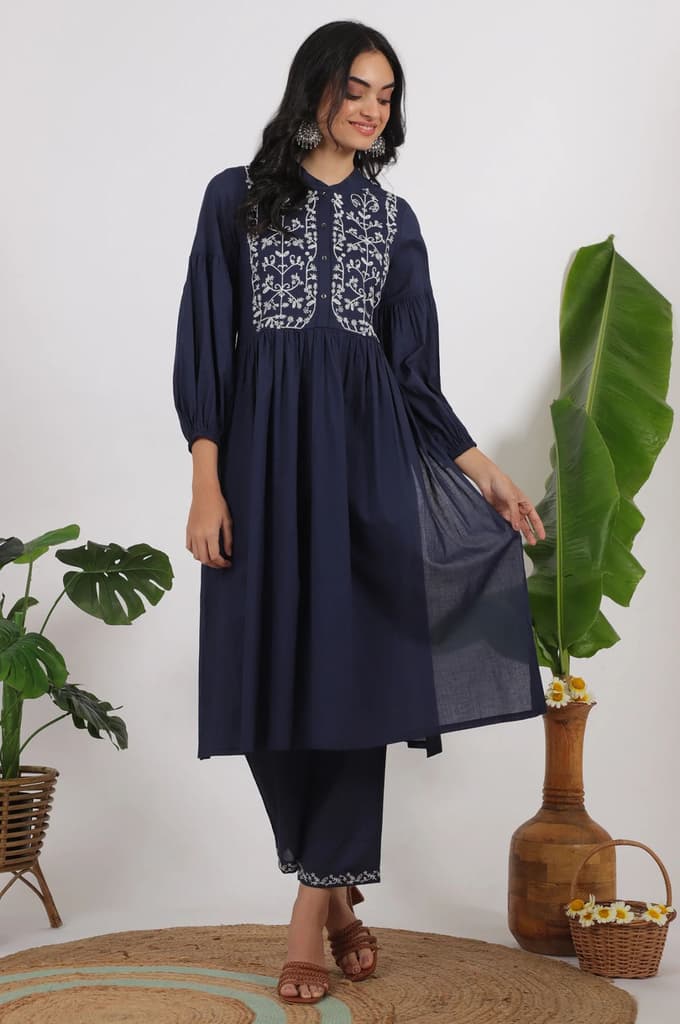 Navy Blue Embroidered Yoke Pure Cotton Kurta and Pants Co-ord Set — photo 2