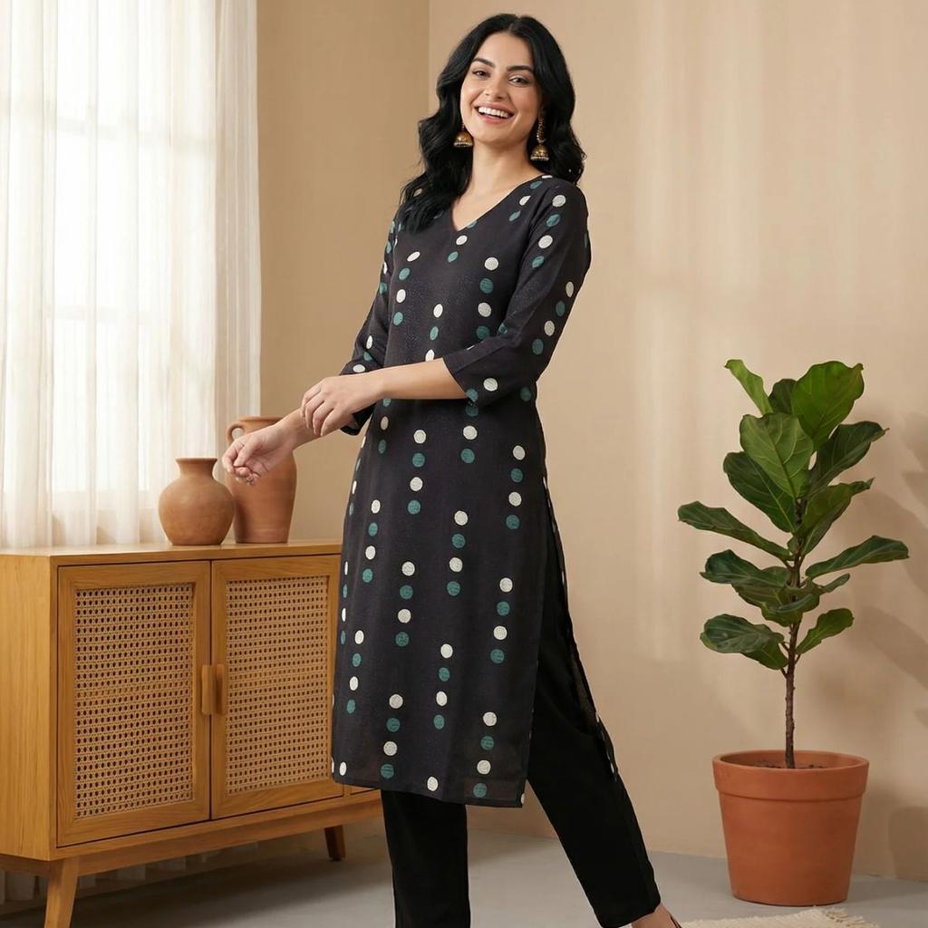 Black Polka Dots Straight Kurta