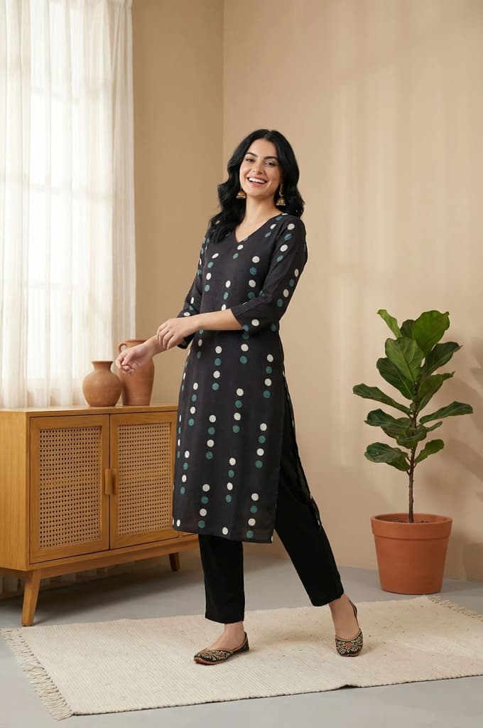 Black Polka Dots Straight Kurta — XS