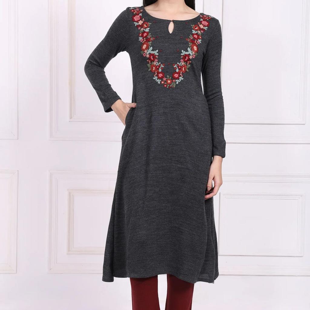 Grey Embroidered A-Line Acrylic Winter Kurta