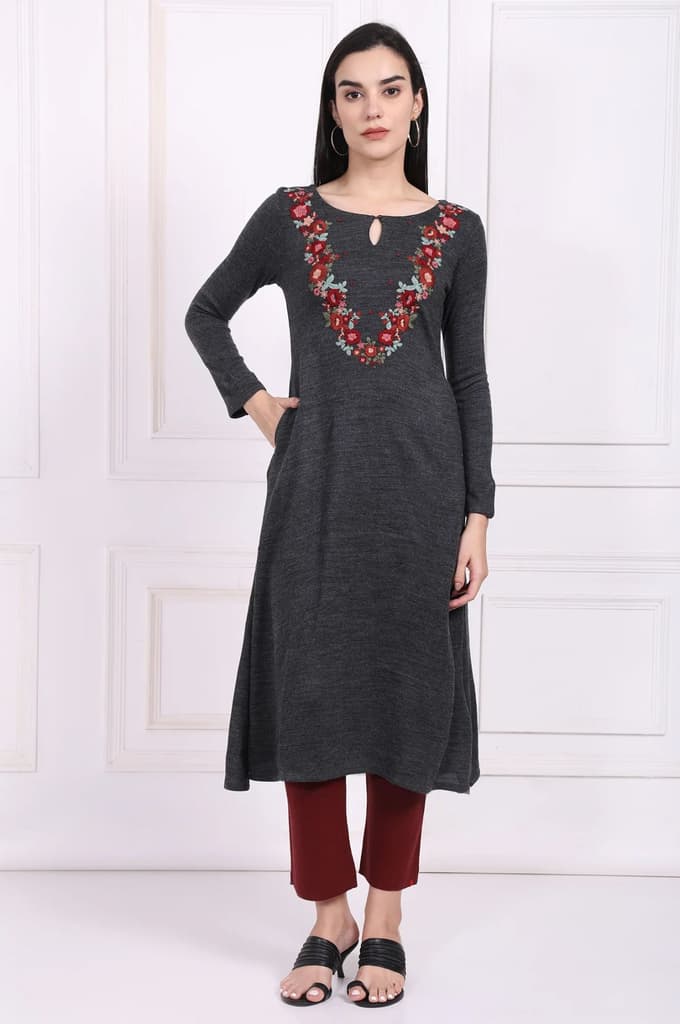 Grey Embroidered A-Line Acrylic Winter Kurta — XS