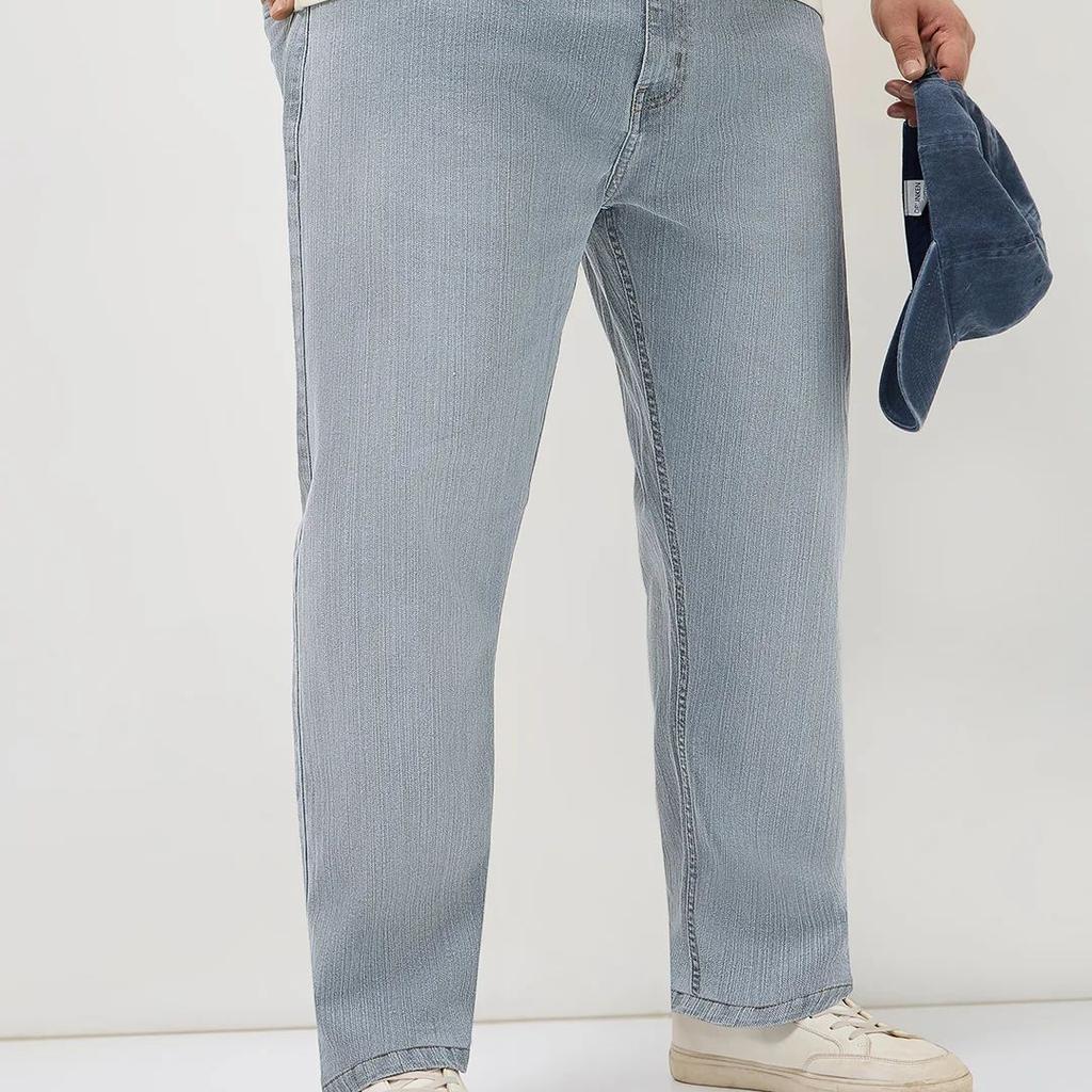 Plus Men's Light Grey Straight Fit Washed Denim Jeans Stretchable