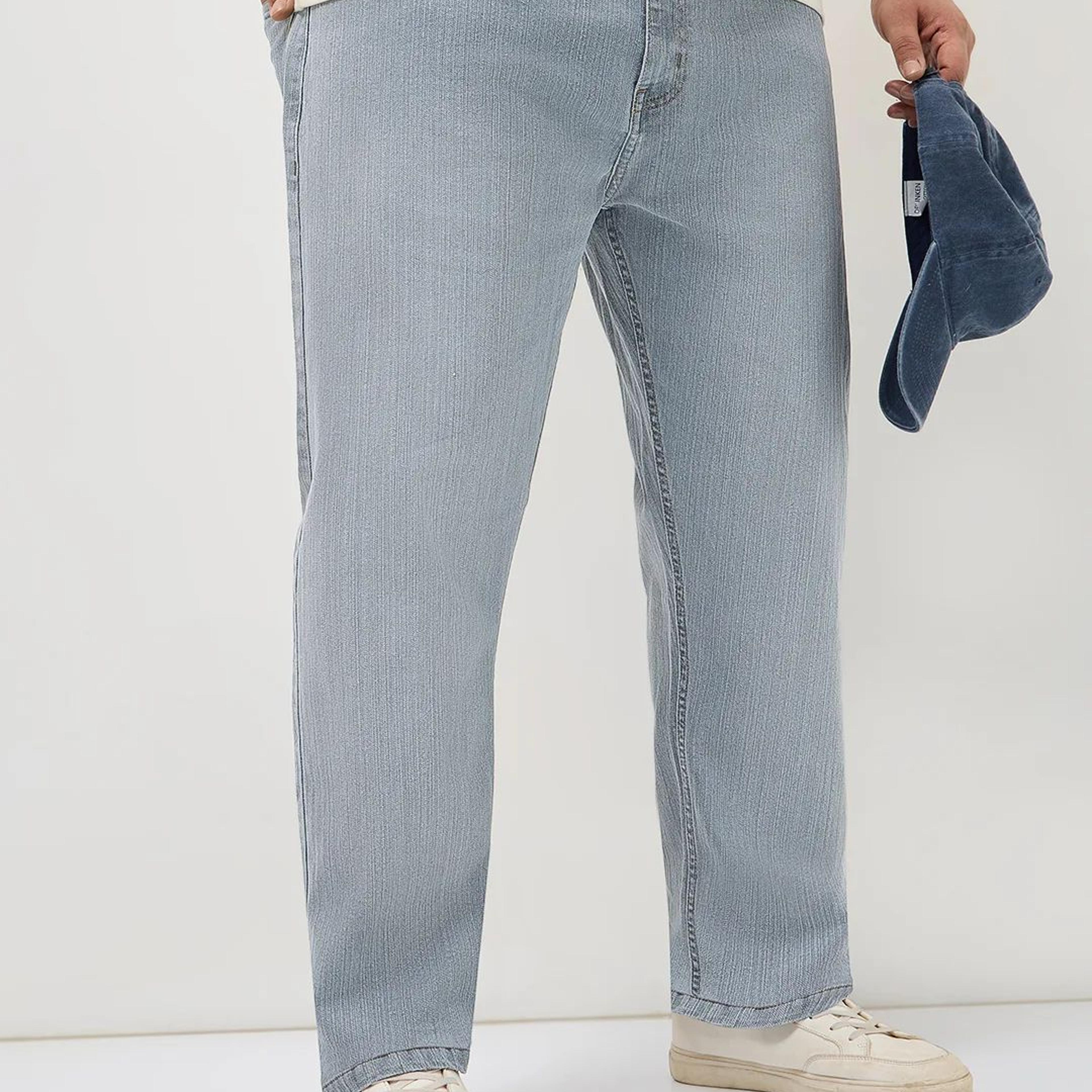 Plus Men's Light Grey Straight Fit Washed Denim Jeans Stretchable