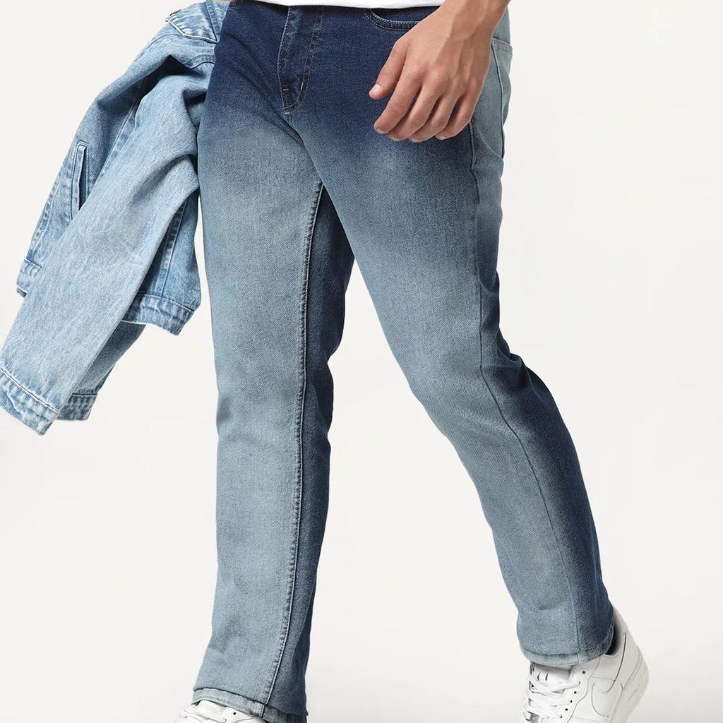 Men's Blue Straight Fit Heavy Washed Faded Denim Jeans Stretchable