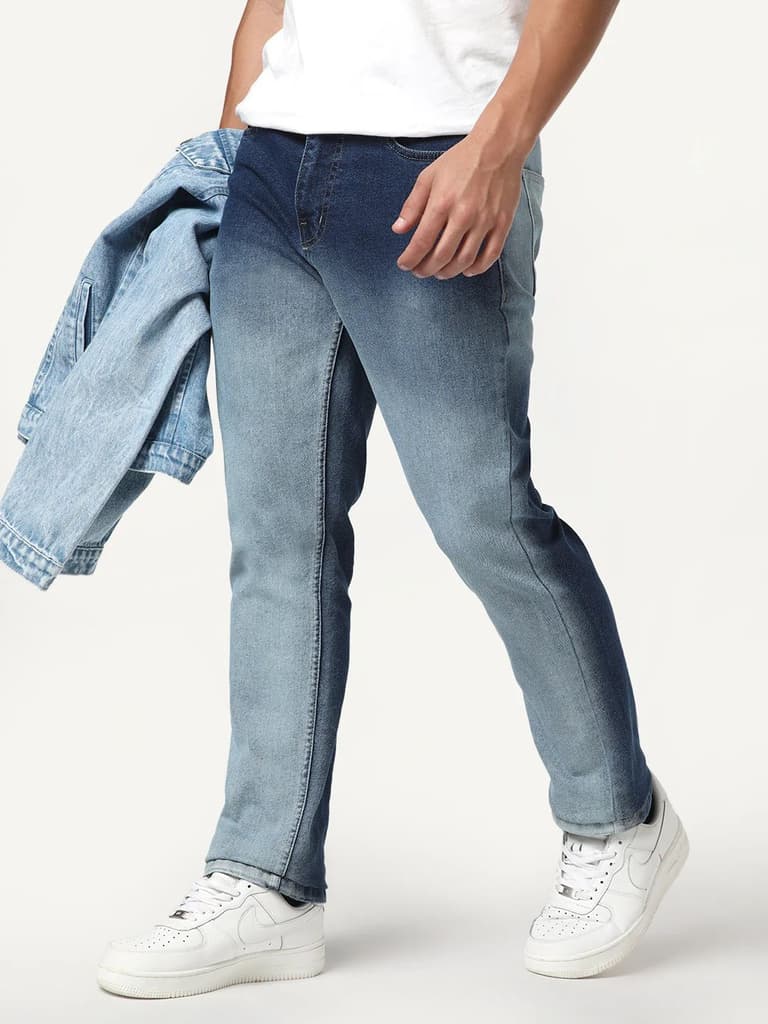 Men's Blue Straight Fit Heavy Washed Faded Denim Jeans Stretchable — 28 / Blue