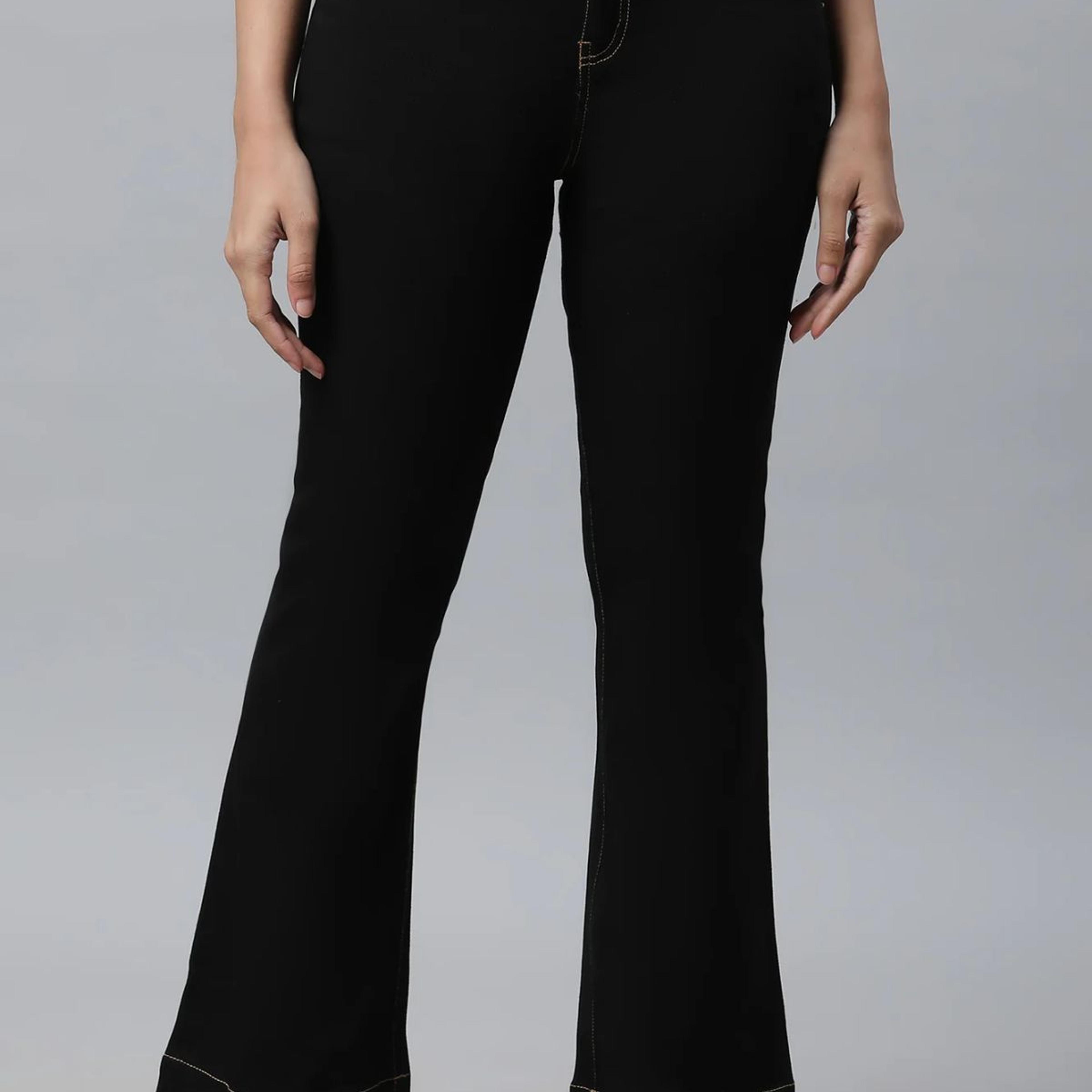 Black Solid Boot Cut Denim Jeans With Front Zip Closure