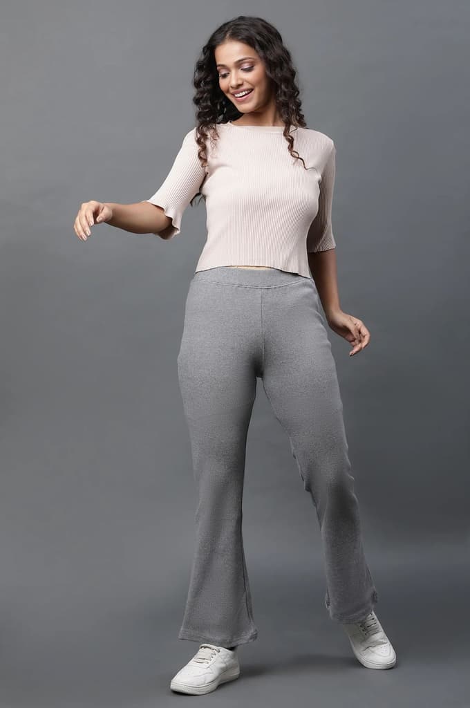 Grey Solid Flared Pants With Elasticated Waist — photo 5