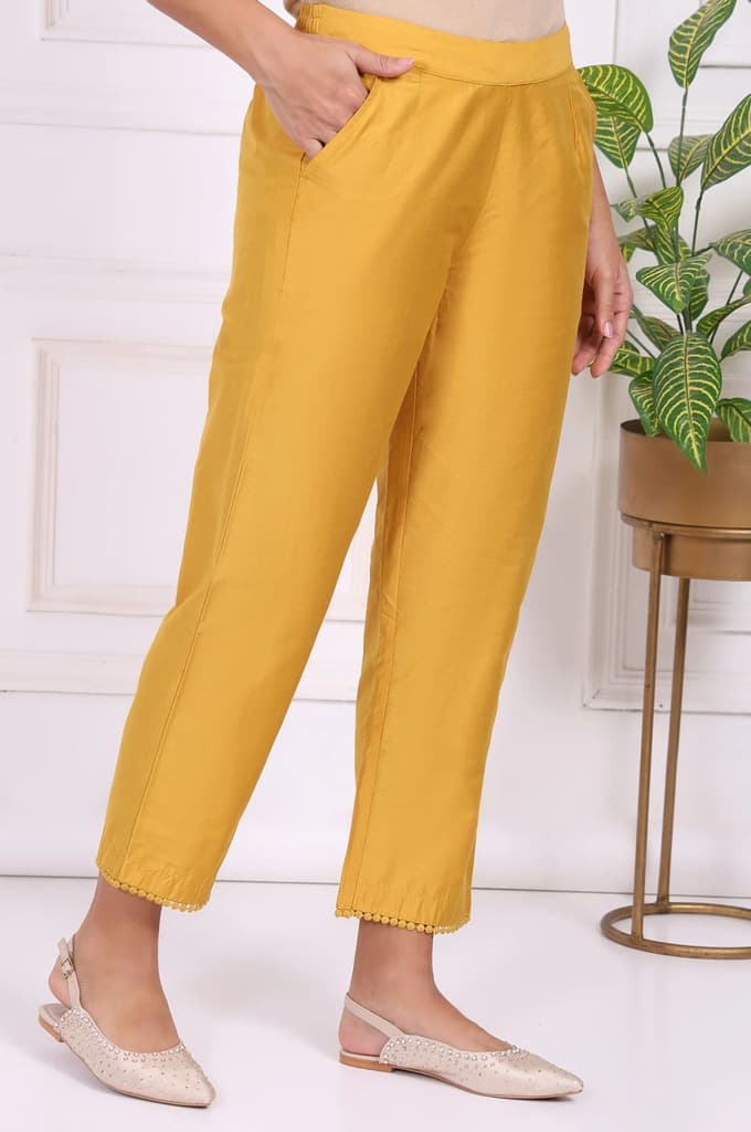 Yellow Solid Ankle Length Straight Pants — photo 3