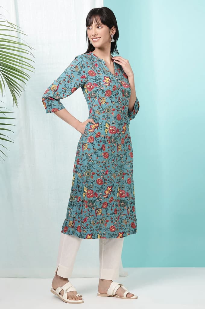 Teal Blue Floral Printed Straight Kurta — photo 7