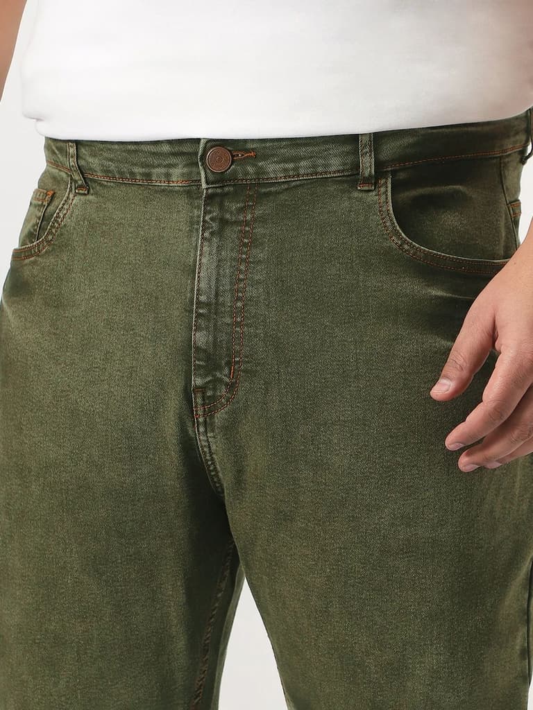 Plus Men's Light Green Straight Fit Heavy Washed Jeans Stretchable — photo 5