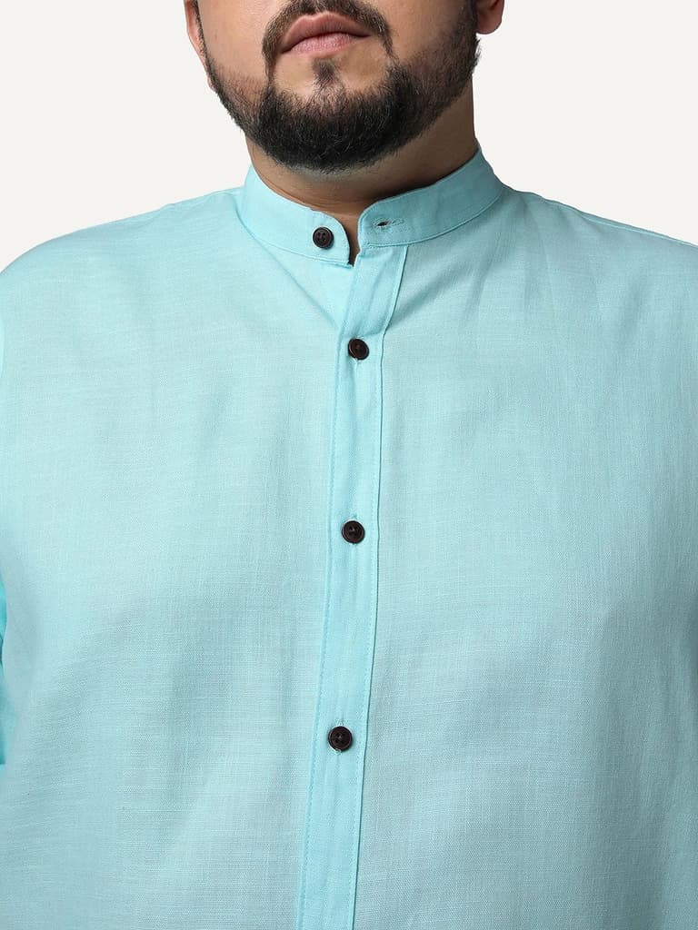 Plus Men's Sky Blue Linen Blend Full Sleeve Relaxed Fit Mandarin Collar Casual Solid Shirt — photo 5