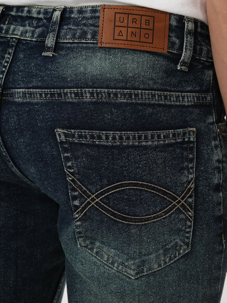 Men's Dark Blue Bootcut Fit Mid Rise Tinted Heavy Washed Jeans Stretchable — photo 6