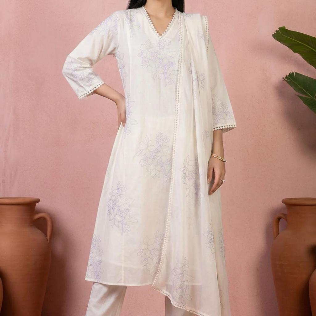 Off White Thread Embroidered Pure Cotton Straight Kurta With Straight Pants And Dupatta Set