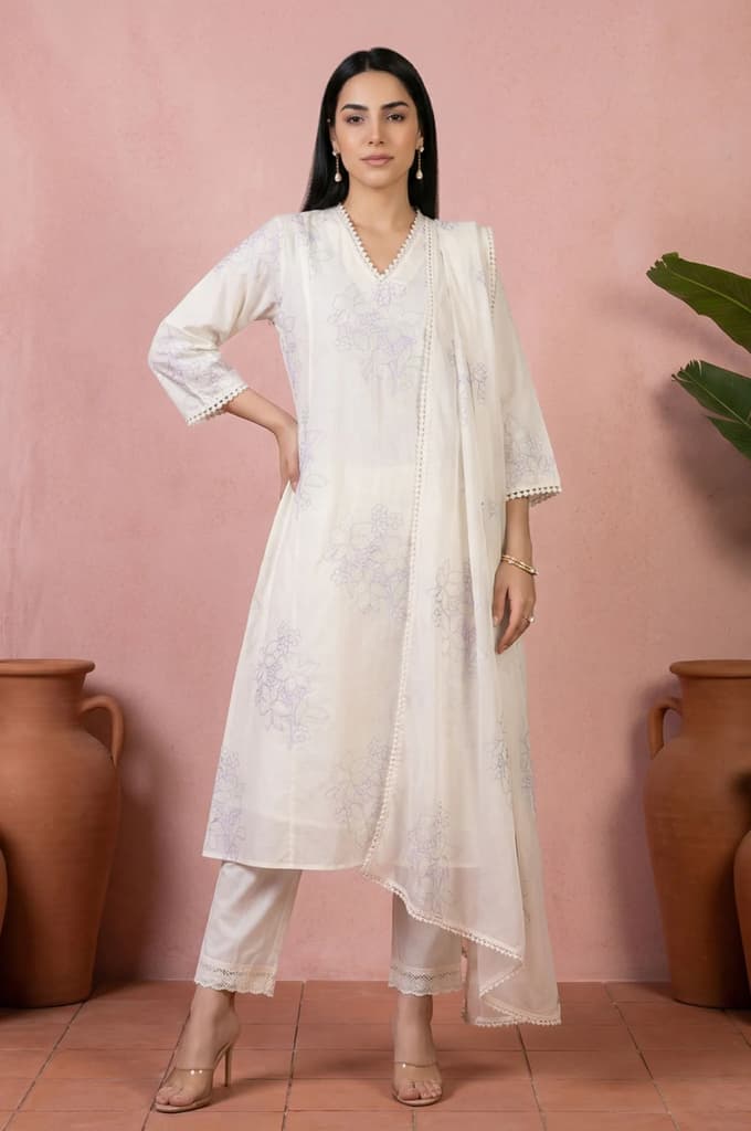 Off White Thread Embroidered Pure Cotton Straight Kurta With Straight Pants And Dupatta Set — XS