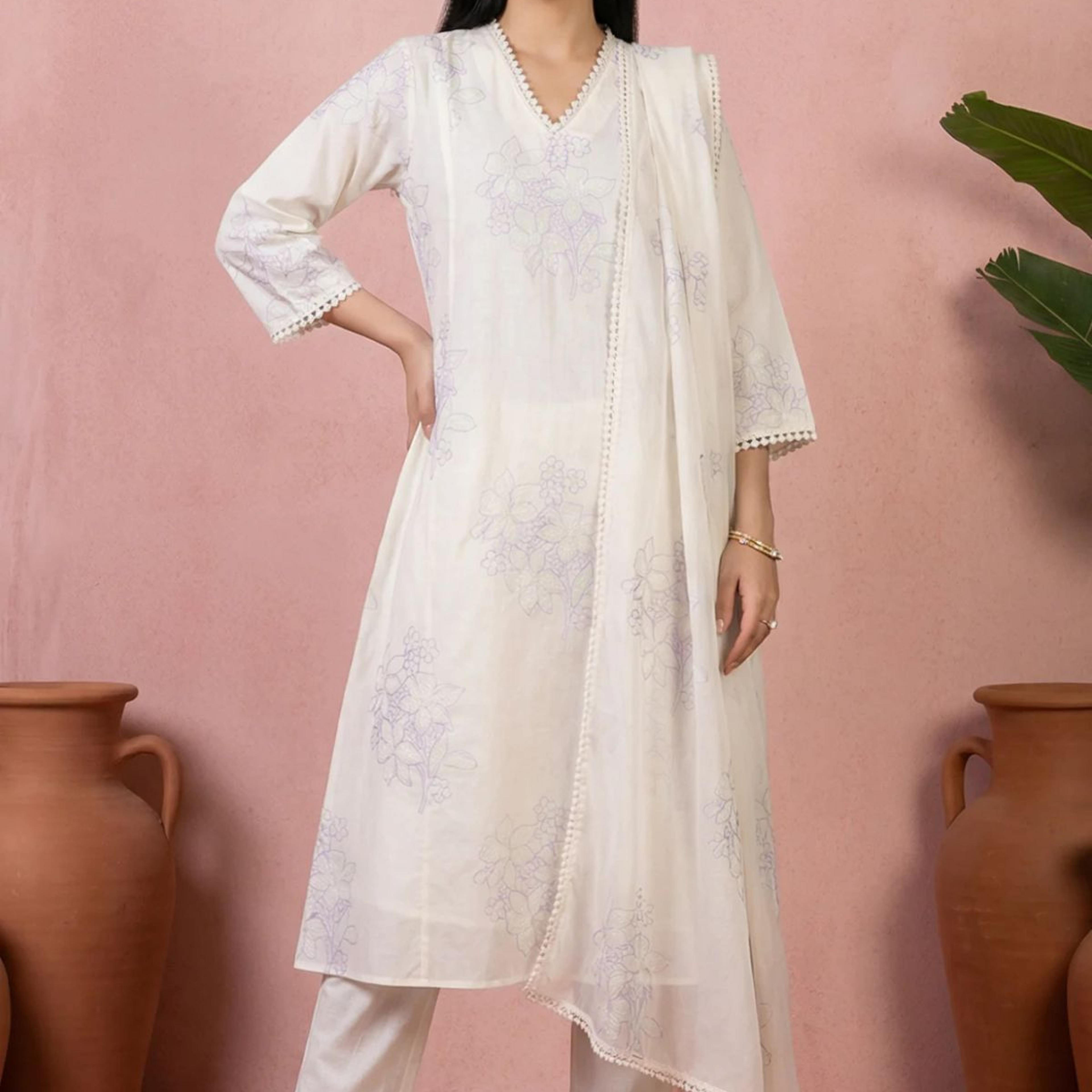 Off White Thread Embroidered Pure Cotton Straight Kurta With Straight Pants And Dupatta Set