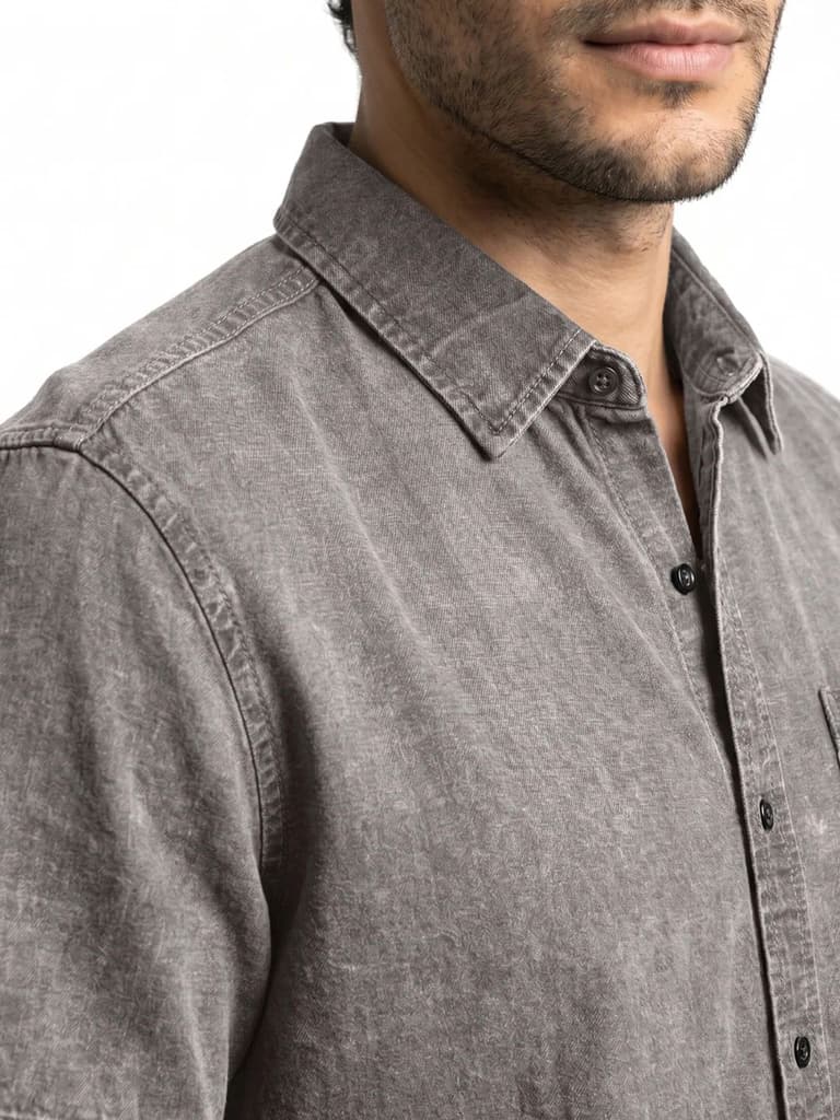 Men's Ice Grey Oversized Fit Half Sleeve Solid Casual Denim Shirt — photo 6