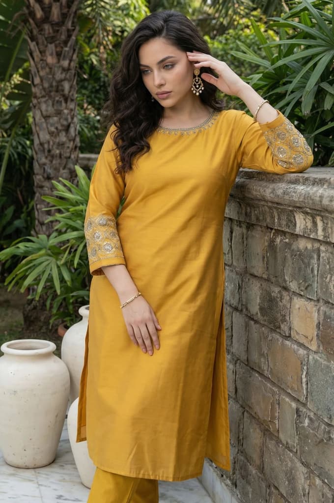 Mustard Embroidered A-Line Rayon Kurta — photo 2