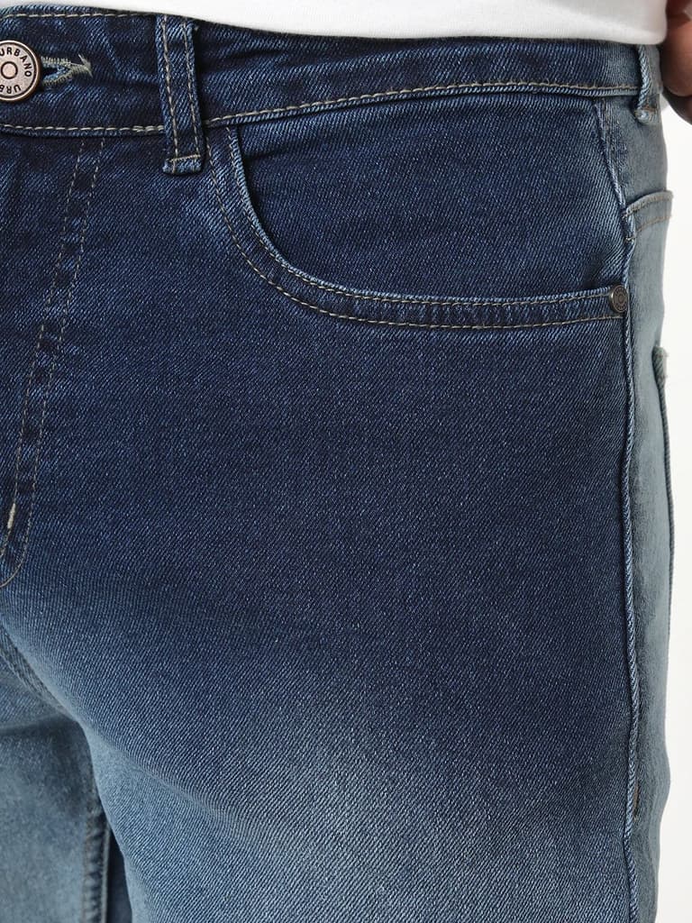 Men's Blue Straight Fit Heavy Washed Faded Denim Jeans Stretchable — photo 5