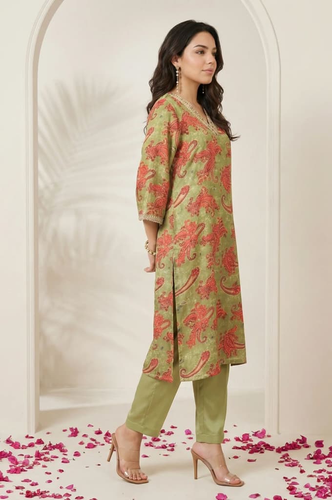 Olive Sequins Paisley Printed Straight Satin Kurta with Straight Pants and Dupatta Set — photo 6
