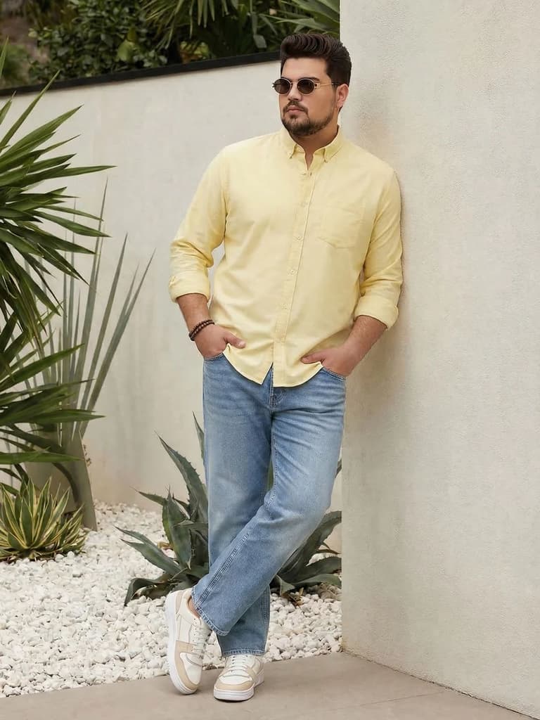 Plus Men's Yellow Cotton Full Sleeve Regular Fit Solid Oxford Shirt With Button-Down Collar — photo 4