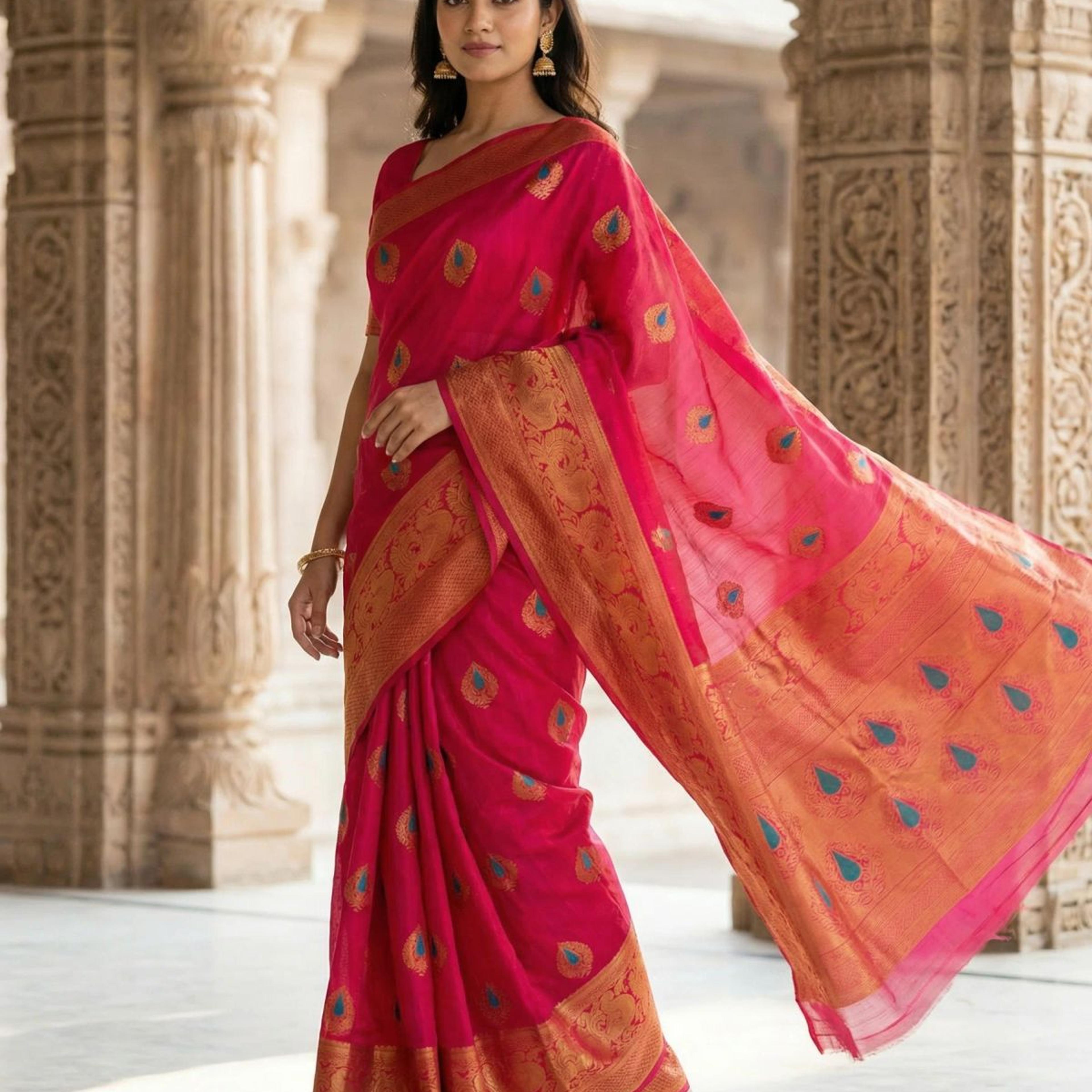 MIMOSA Women's Woven Design Banarasi Style dola silk Saree with Blouse Piece - Rani ( SA00003137RNFREE )